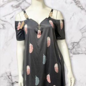 Black Cold Shoulder Tunic with Multi Feather Print Size 2XL ( Up to Uk 20)