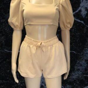 Caramel Puffed Sleeved Crop Top Shorts Set