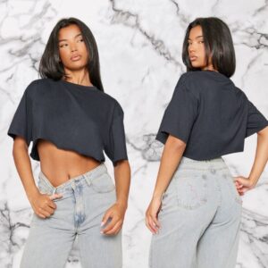 PLT Black Oversized Cropped T-Shirt