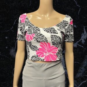 Cotton Candy White Leaf Design Cropped Short Sleeve Top