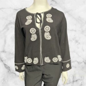 Black Embroidered Long Sleeved Top With Tie Neck Fastening Size L