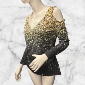 Black Patterned Cold Shoulder Long Sleeved Top Size L ( Uk 12/14 )