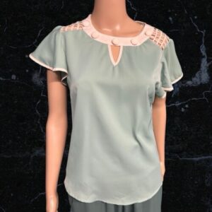 Chic Me Sage Green/Cream Flutter Sleeve Top  Size M ( Uk 10 )