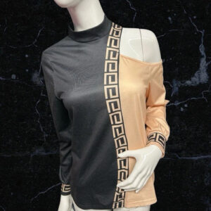 Chic Me Black/ Beige Cold Shoulder Long Sleeved Top Size S ( Uk 8 )