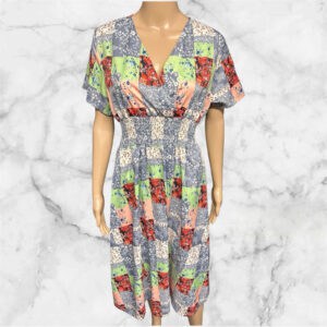 Blue Short Sleeved Patchwork Knee Length Dress Size L ( Up To Uk 14 )