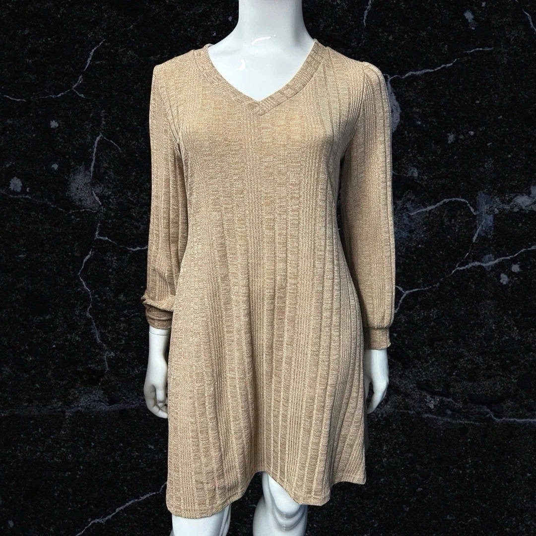 Shein Curve Beige Ribbed Long Sleeved Skater Dress Size 1XL ( Uk 18) -  Variedby