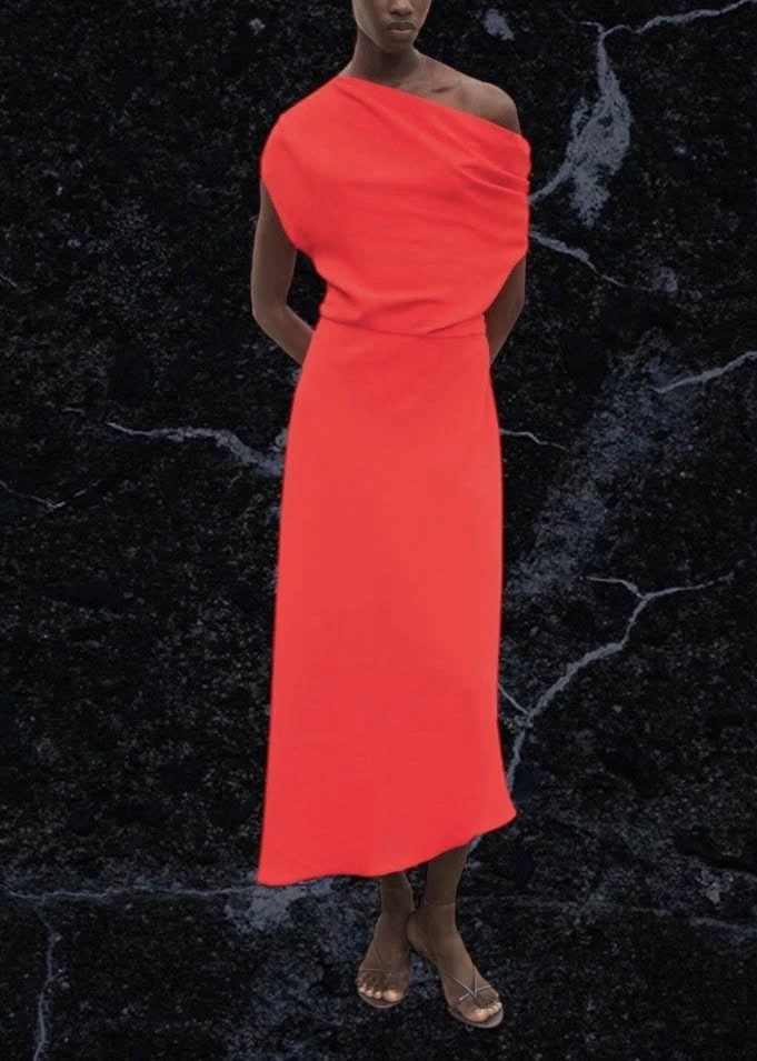 Mango Red One Shoulder Full Length Dress Size 8 - Variedby