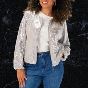 Dannii Minogue Silver Sequin Collarless Bomber Jacket