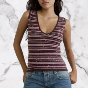 Motel Purple Stripe Lycia Plunge Glitter Knit Vest Top Size XS ( Uk 8 )