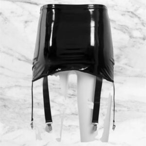 Iefiel Black Faux Leather Mini Skirt With Suspenders Straps Size 4XL