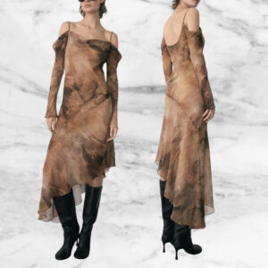 Mango Brown/Black Sheer Cold Shoulder Sheer Asymmetric Dress Size 10