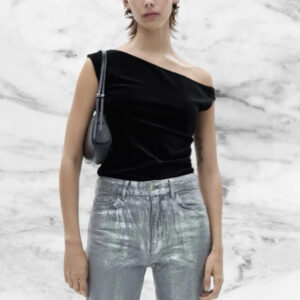 Mango Black Velvet One Shoulder Sleeveless Top Size S ( Uk 8 )