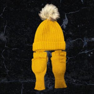 Mustard Bobble Hat With Fingerless Gloves / Mittens One Size